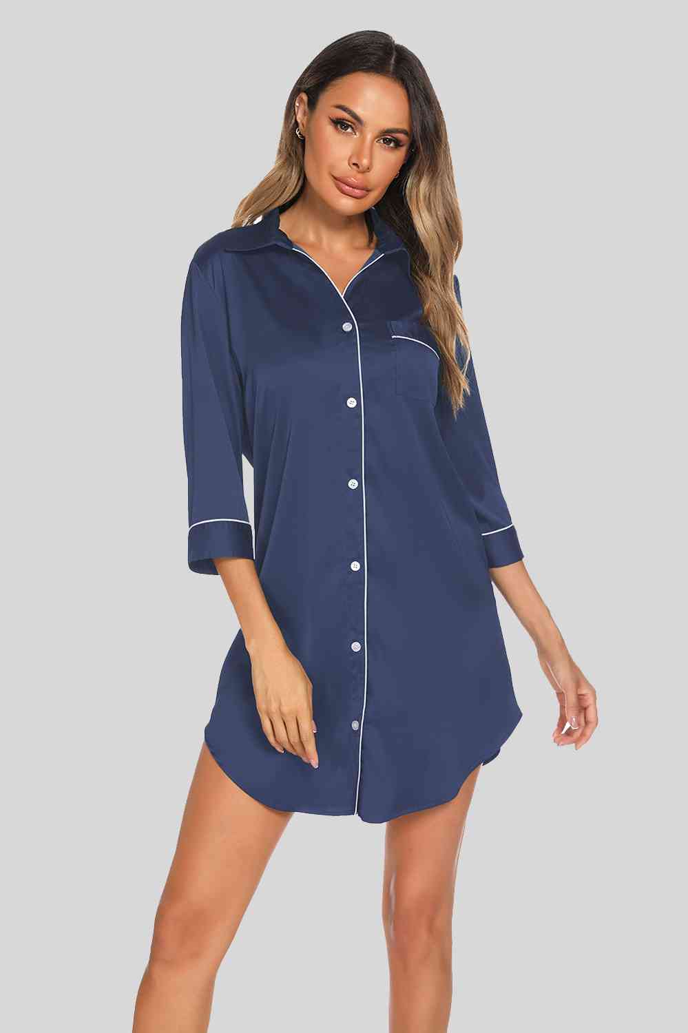 Button Up Collared Neck Night Dress with Pocket BLUE ZONE PLANET