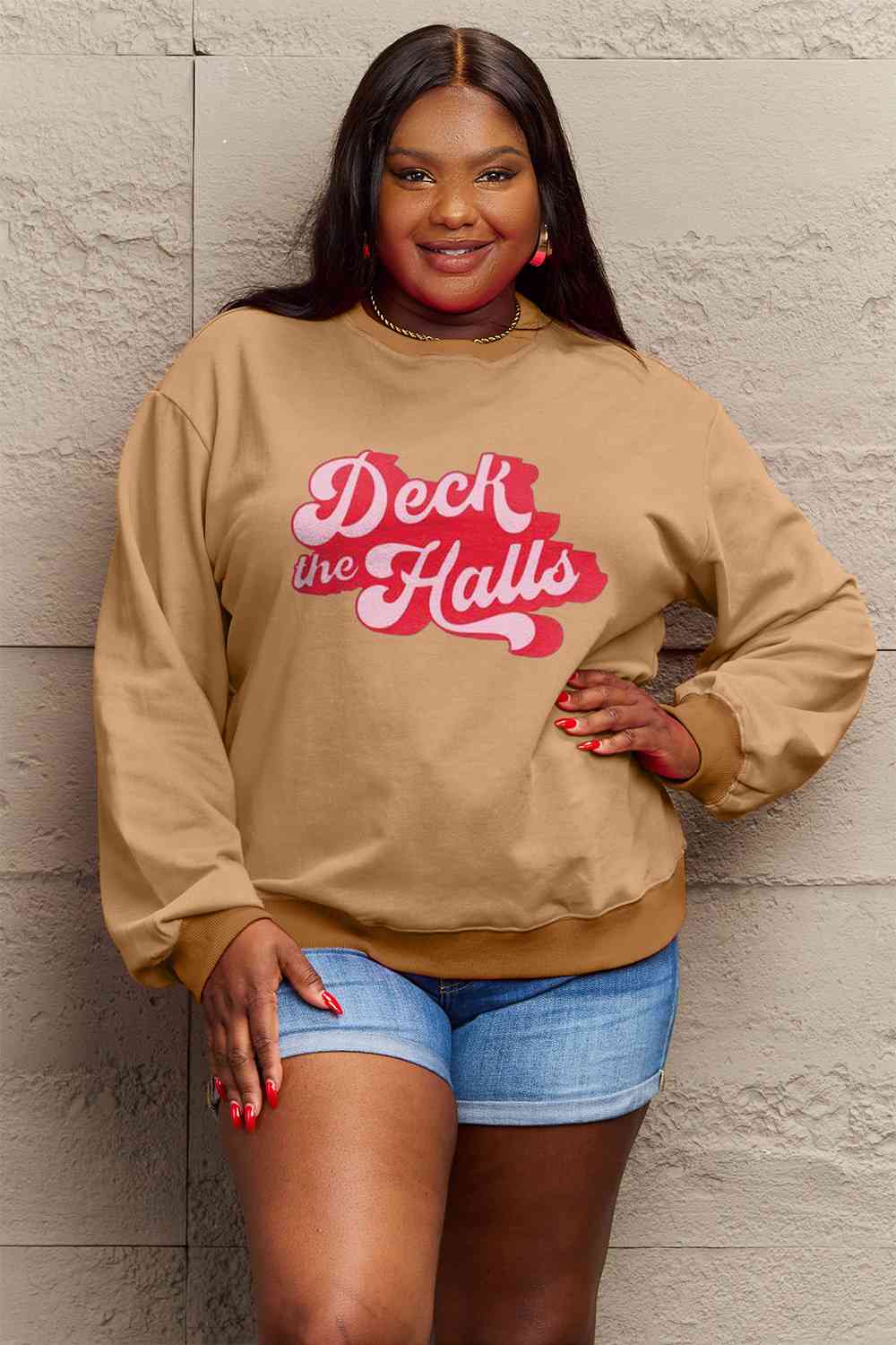 Simply Love Full Size DECK THE HALLS Graphic Sweatshirt BLUE ZONE PLANET