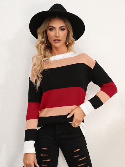 Striped Round Neck Dropped Shoulder Sweater-TOPS / DRESSES-[Adult]-[Female]-Wine-S-2022 Online Blue Zone Planet