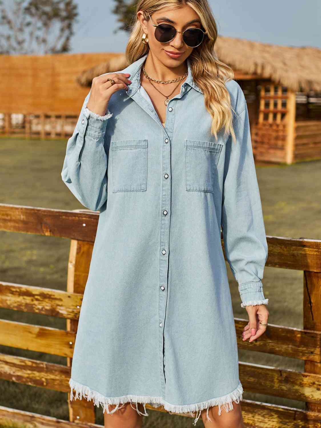 Button Up Collared Neck Raw Hem Denim Dress BLUE ZONE PLANET