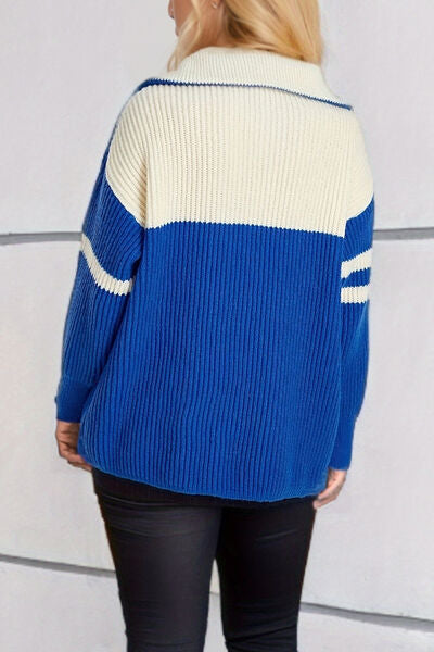 Quarter Zip Striped Dropped Shoulder Sweater Trendsi