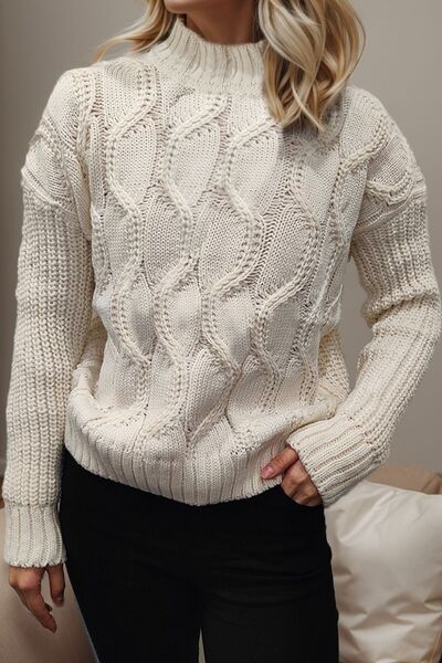 Cable-Knit Mock Neck Long Sleeve Sweater BLUE ZONE PLANET