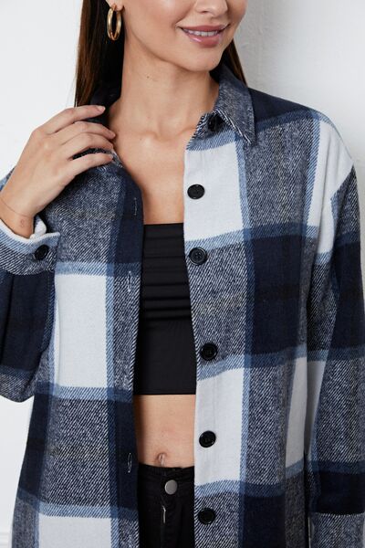 Plaid Button Up Collared Neck Outerwear BLUE ZONE PLANET