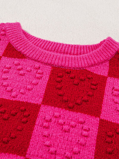 Plaid Heart Round Neck Sweater Trendsi