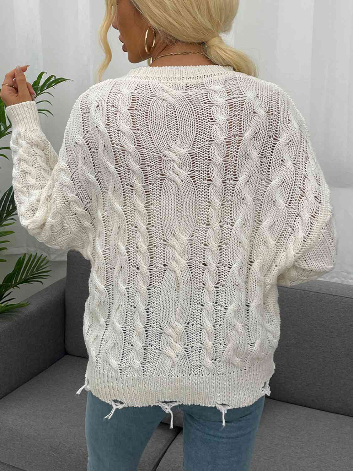 Openwork Distressed Long Sleeve Sweater BLUE ZONE PLANET