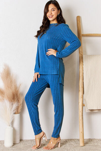 Blue Zone Planet |  Basic Bae Full Size Ribbed Round Neck High-Low Slit Top and Pants Set BLUE ZONE PLANET