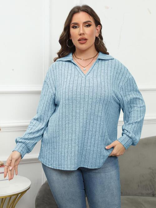 Plus Size Ribbed Collared Neck Long Sleeve Blouse BLUE ZONE PLANET