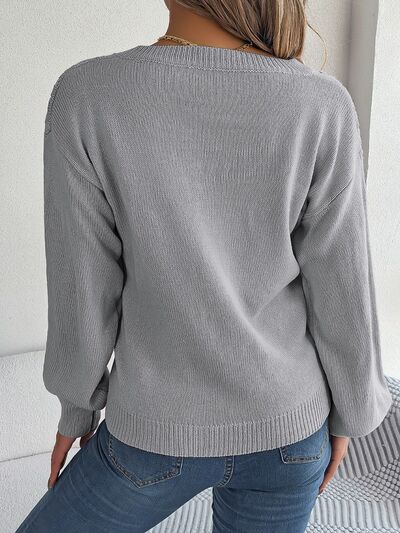 Cable-Knit V-Neck Lantern Sleeve Sweater BLUE ZONE PLANET