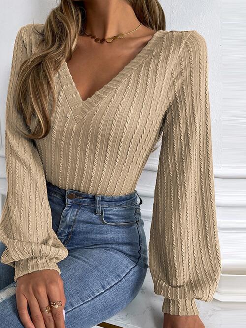 Cable-Knit V-Neck Long Sleeve Knit Top BLUE ZONE PLANET