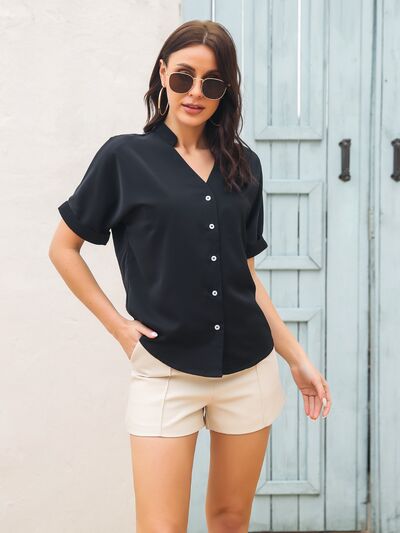 Notched Button Up Short Sleeve Shirt-TOPS / DRESSES-[Adult]-[Female]-2022 Online Blue Zone Planet