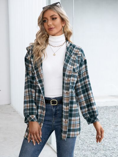 Plaid Snap Down Hooded Jacket Trendsi