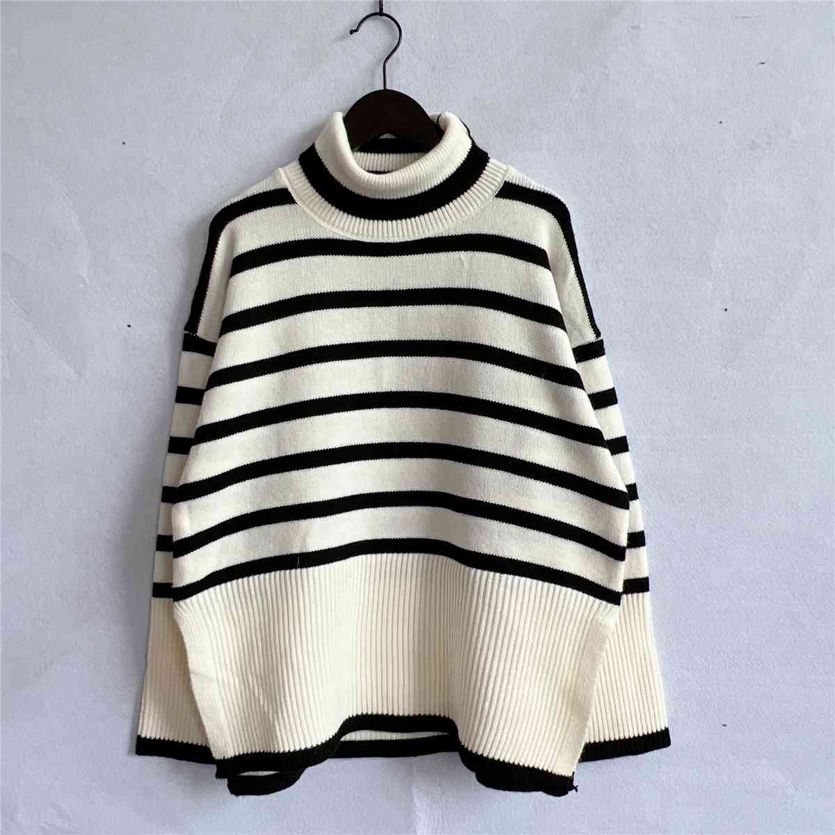 Striped Turtleneck Flare Sleeve Sweater BLUE ZONE PLANET