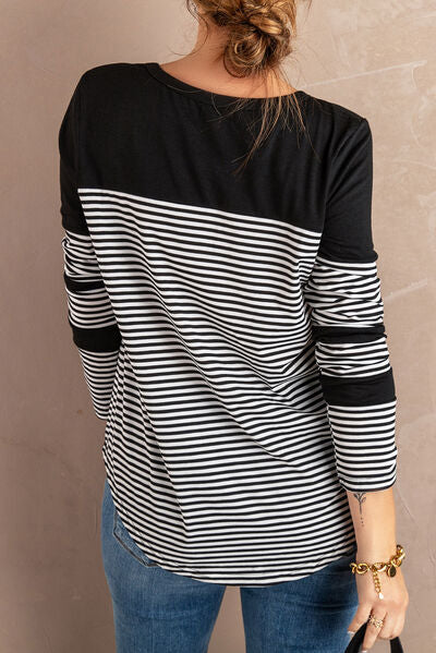 Blue Zone Planet |  Pocketed Striped Round Neck T-Shirt BLUE ZONE PLANET