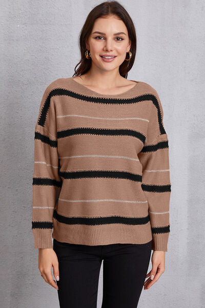 Striped Round Neck Dropped Shoulder Sweater-TOPS / DRESSES-[Adult]-[Female]-Chestnut-S-2022 Online Blue Zone Planet