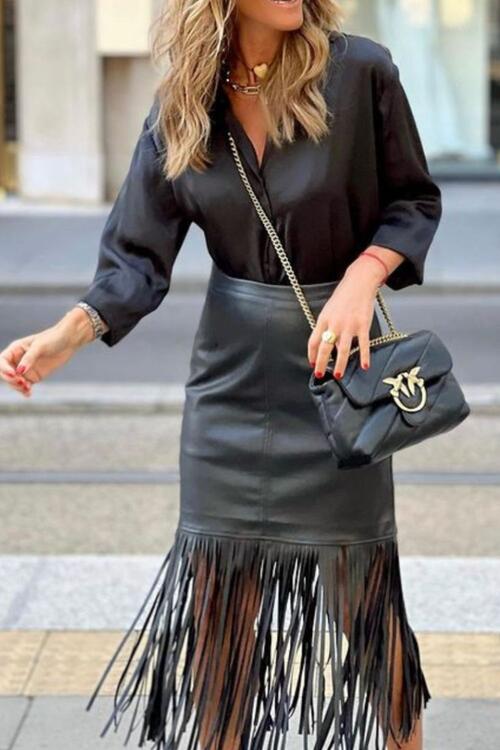 High Waist Fringe Hem Skirt BLUE ZONE PLANET