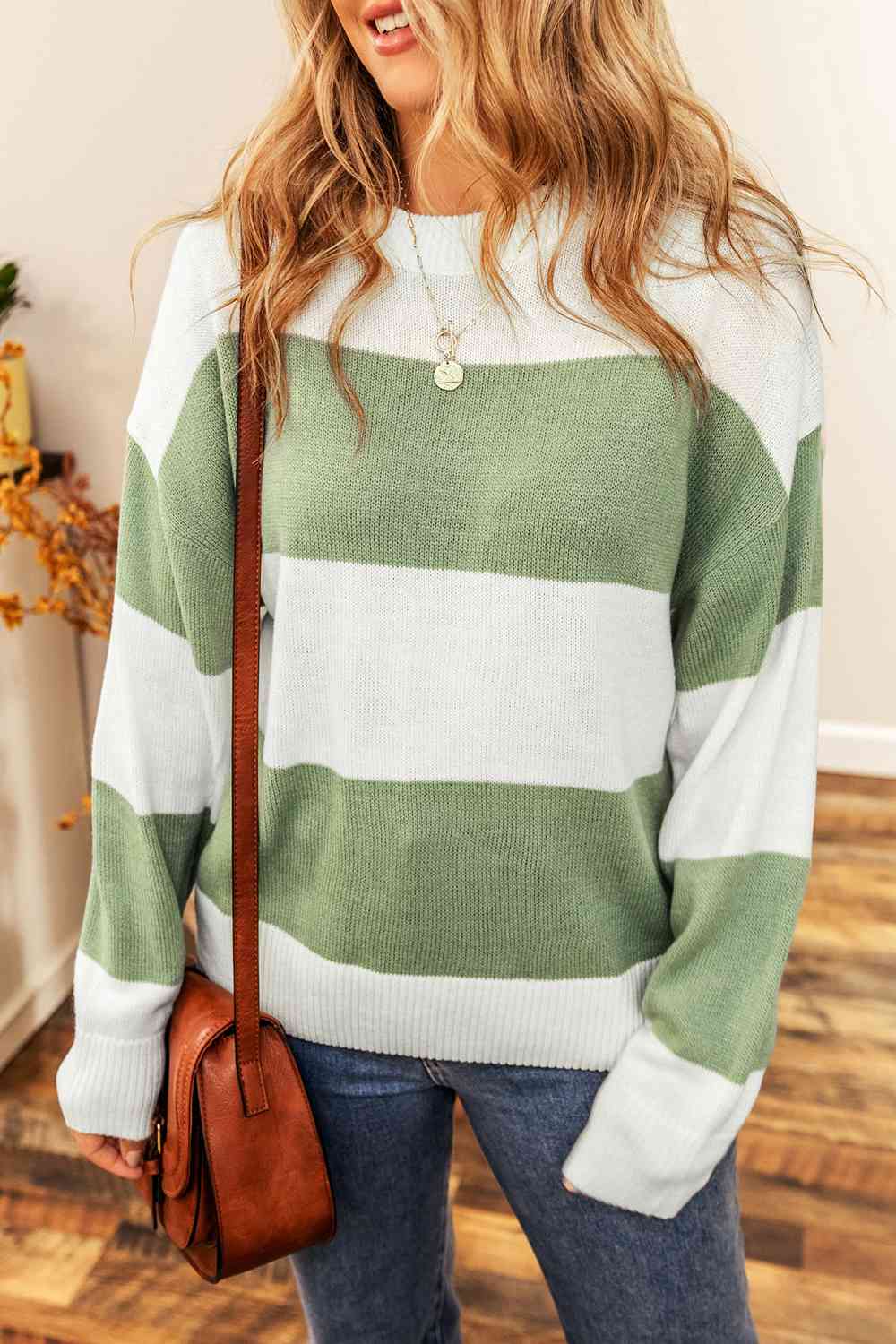 Color Block Round Neck Drop Shoulder Sweater BLUE ZONE PLANET