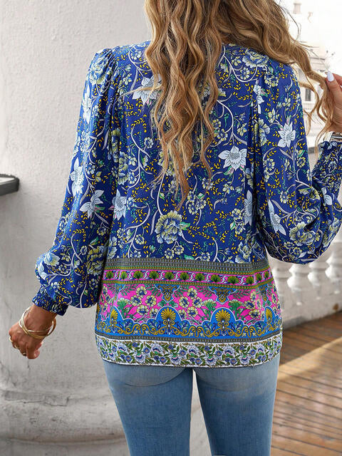 Bohemian Tie Neck Lantern Sleeve Blouse BLUE ZONE PLANET