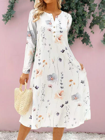 Floral Notched Long Sleeve Midi Dress BLUE ZONE PLANET