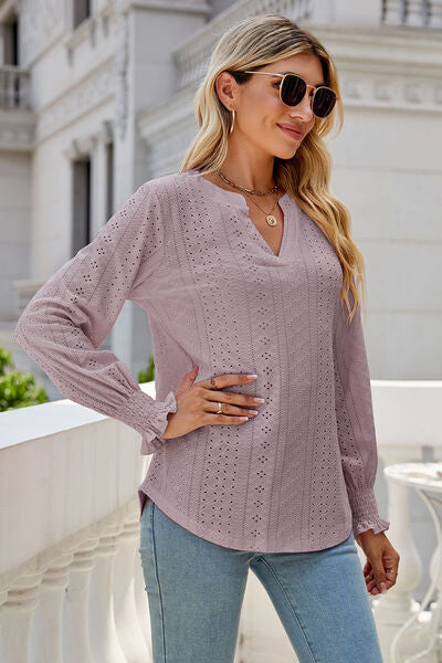 Eyelet Notched Lantern Sleeve T-Shirt Trendsi