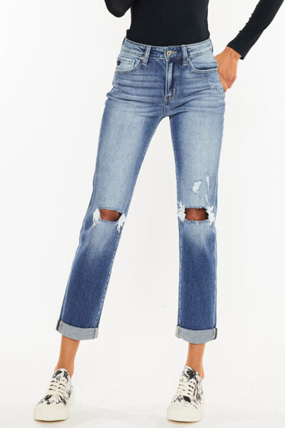 Kancan High Waist Distressed Hem Detail Cropped Straight Jeans BLUE ZONE PLANET