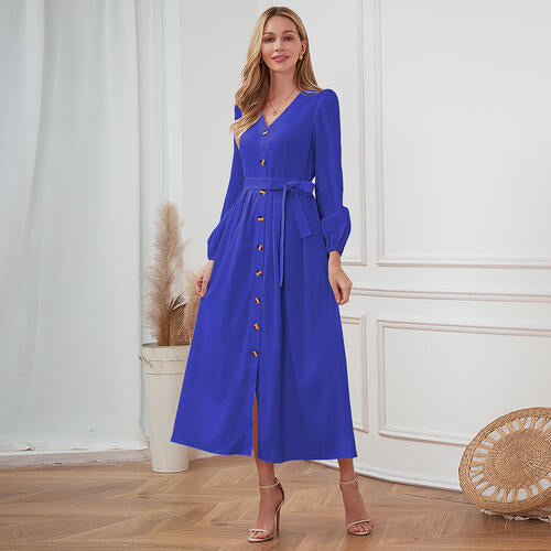 V-Neck Button Up Tie Front Long Sleeve Dress BLUE ZONE PLANET