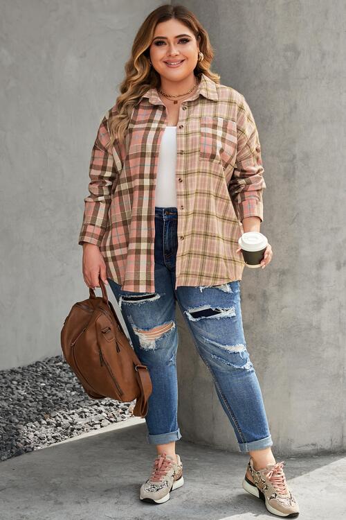 Plus Size Plaid Button Up Collared Neck Shirt BLUE ZONE PLANET