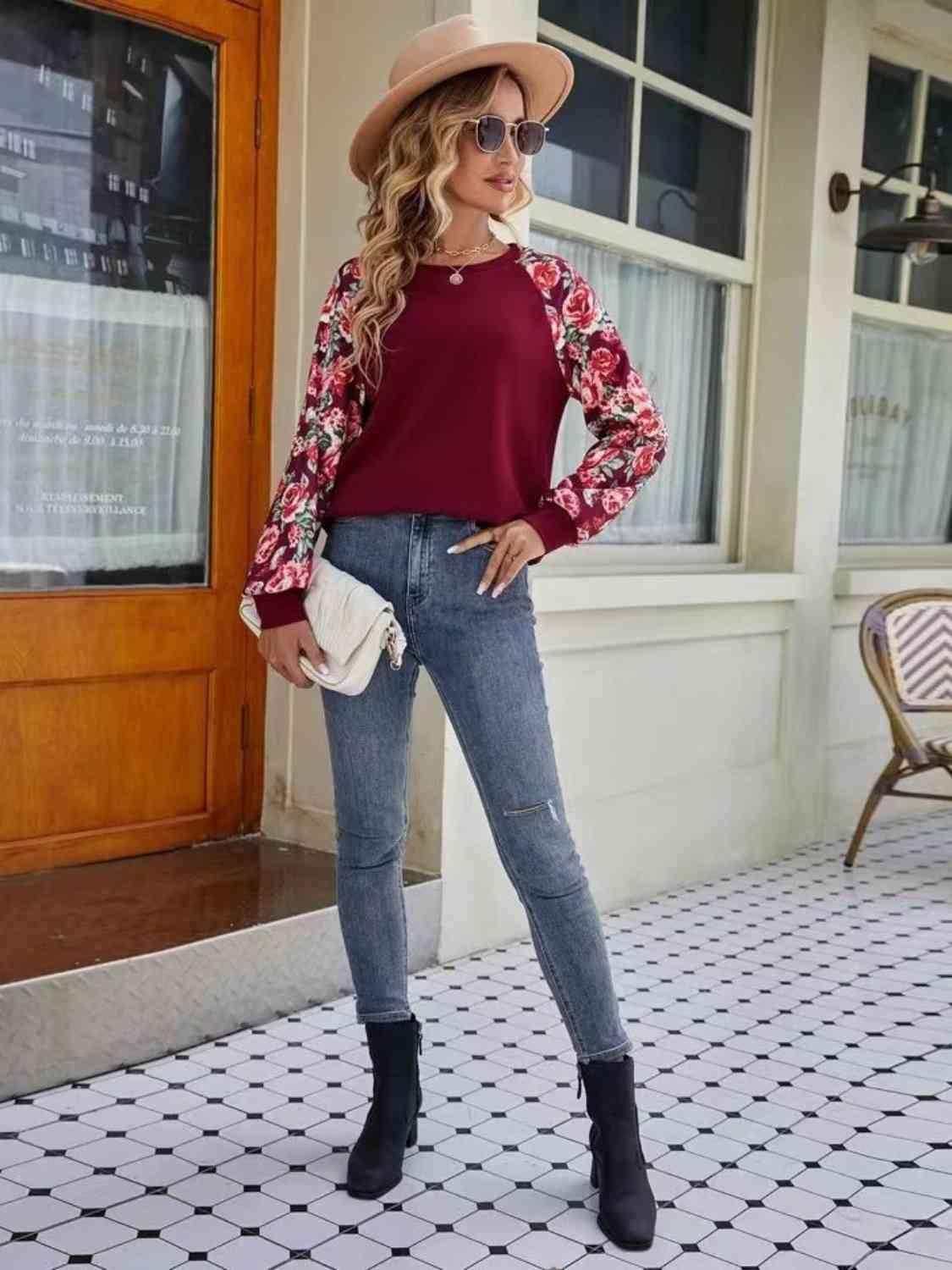 Floral Raglan Sleeve Round Neck Sweatshirt BLUE ZONE PLANET