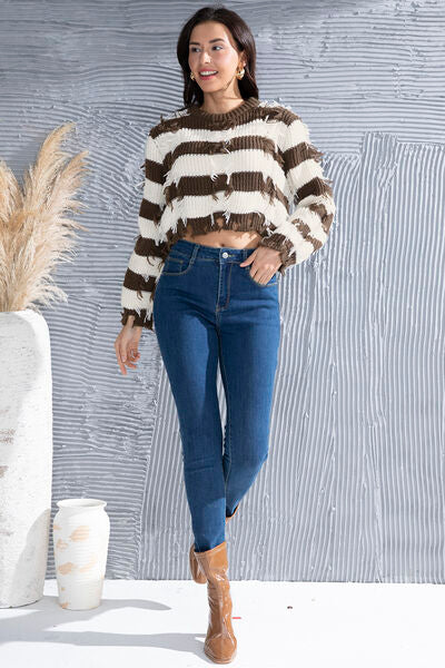 Striped Fringe Round Neck Sweater-TOPS / DRESSES-[Adult]-[Female]-2022 Online Blue Zone Planet