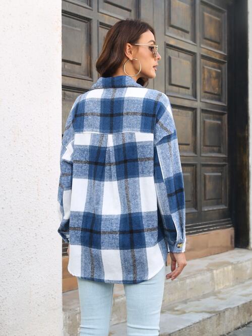 Plaid Button Up Collared Neck Long Sleeve Shirt BLUE ZONE PLANET