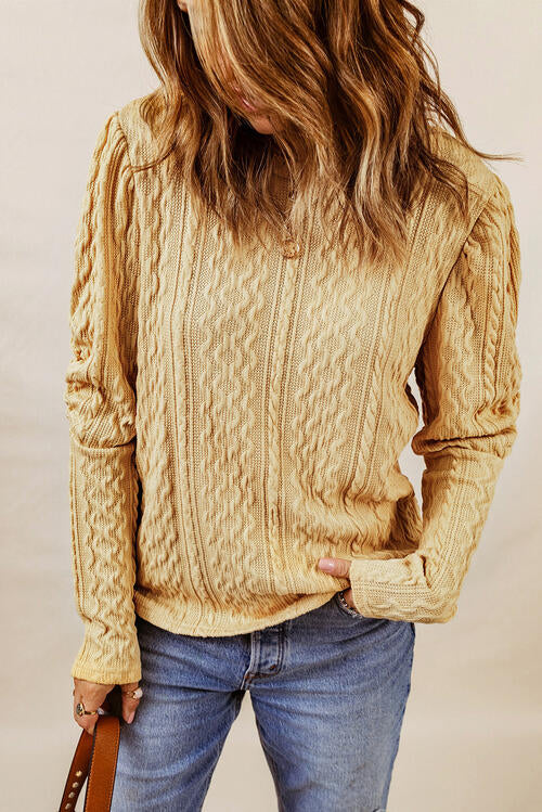 Cable-Knit Round Neck Long Sleeve Blouse BLUE ZONE PLANET