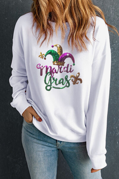 MARDI GRAS Sequin Round Neck Sweatshirt-TOPS / DRESSES-[Adult]-[Female]-White-S-2022 Online Blue Zone Planet