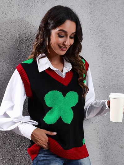 Four Leaf Clover V-Neck Sweater Vest BLUE ZONE PLANET