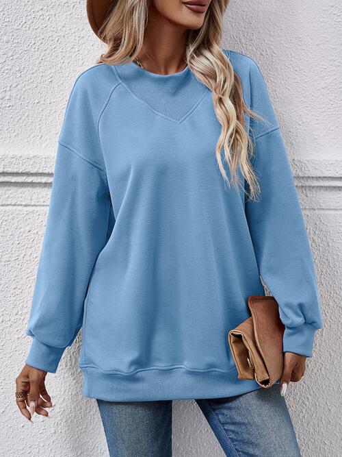 Round Neck Drop Shoulder Long Sleeve Sweatshirt BLUE ZONE PLANET