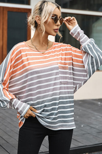 Blue Zone Planet |  Pocketed Striped Round Neck Batwing Sleeve T-Shirt BLUE ZONE PLANET