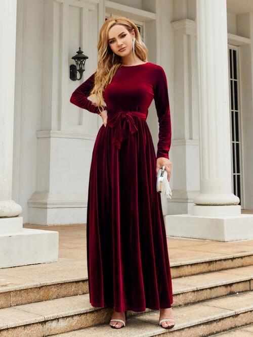 Tie Front Round Neck Long Sleeve Maxi Dress BLUE ZONE PLANET