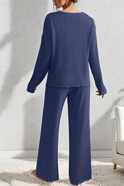 Blue Zone Planet |  V-Neck Dropped Shoulder Top and Pants Set BLUE ZONE PLANET