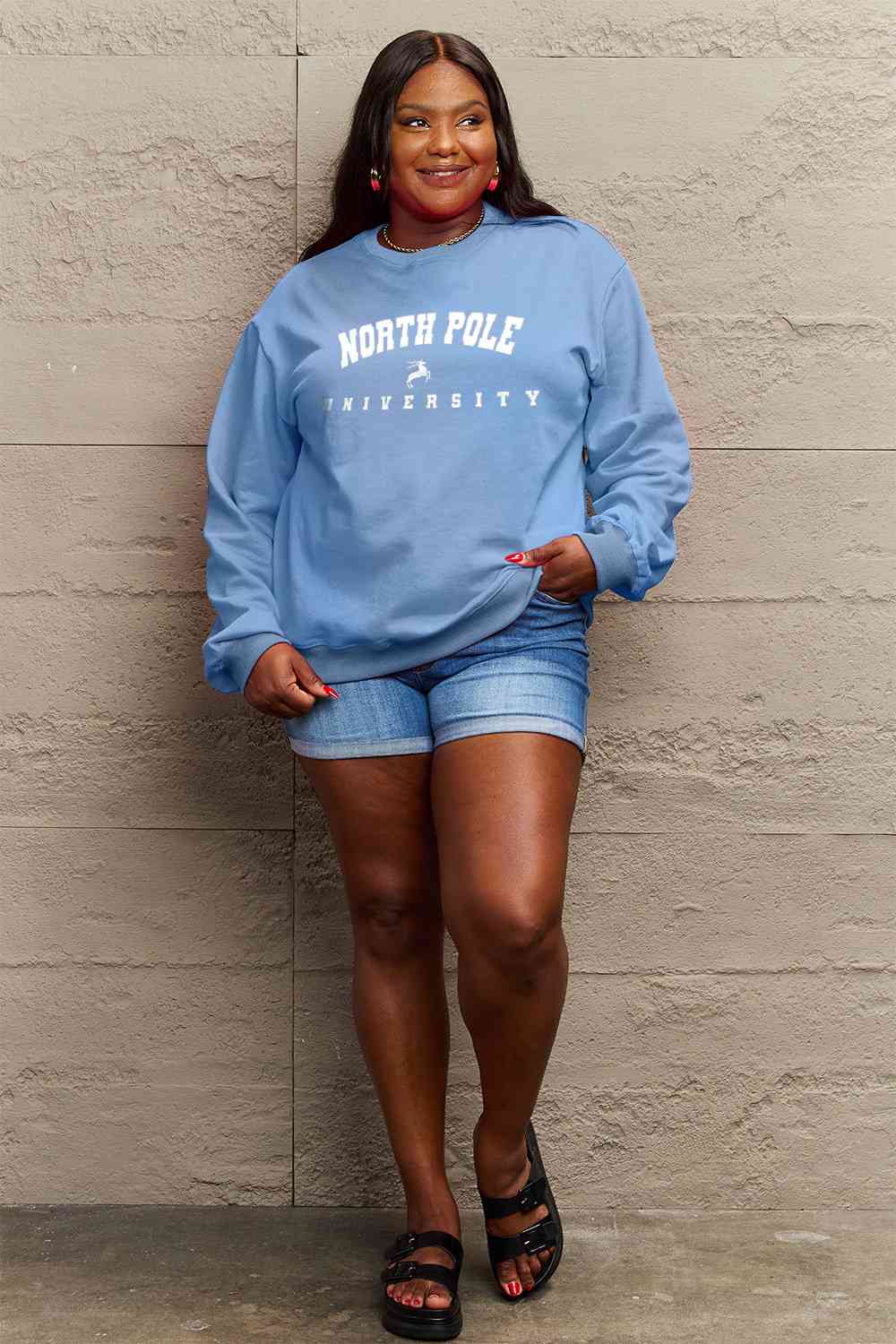 Simply Love Full Size NORTH POLE UNIVERSITY Graphic Sweatshirt BLUE ZONE PLANET