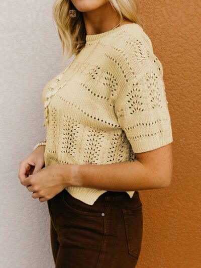 Openwork Round Neck Short Sleeve Sweater Trendsi