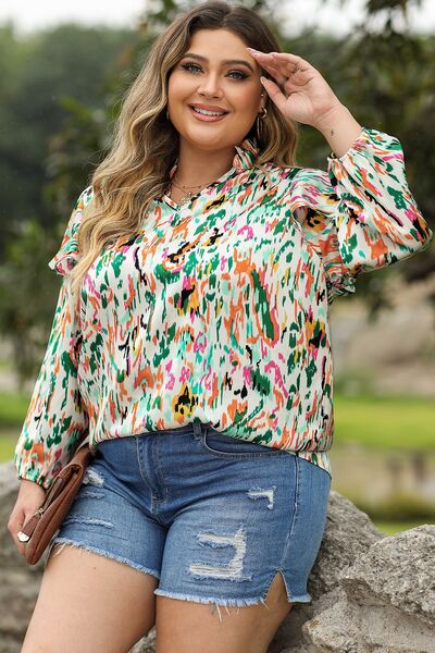 Plus Size Printed Ruffle Trim Long Sleeve Blouse BLUE ZONE PLANET