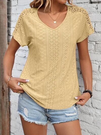 Eyelet V-Neck Short Sleeve T-Shirt Trendsi