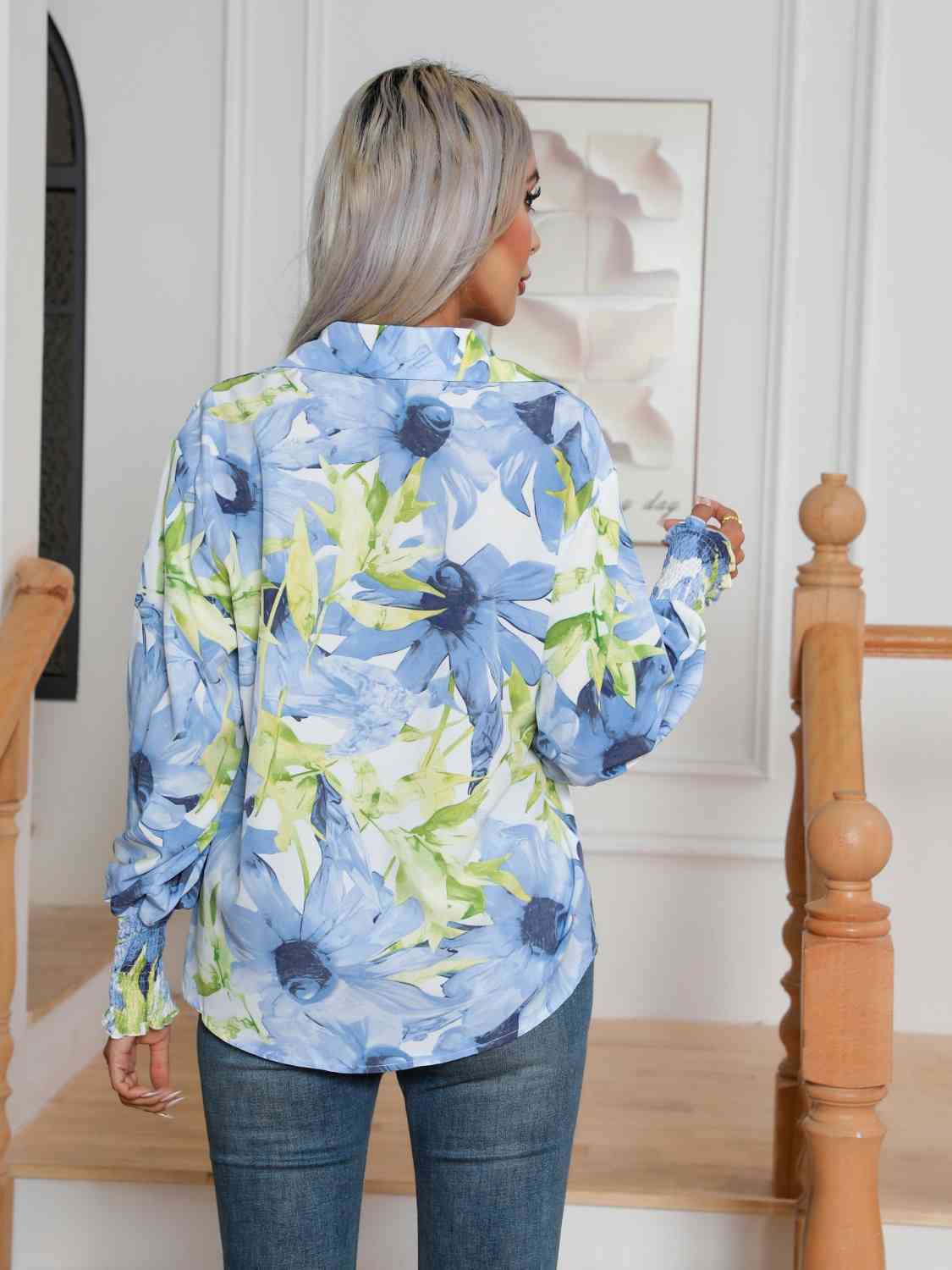 Floral Collared Neck Buttoned Shirt BLUE ZONE PLANET