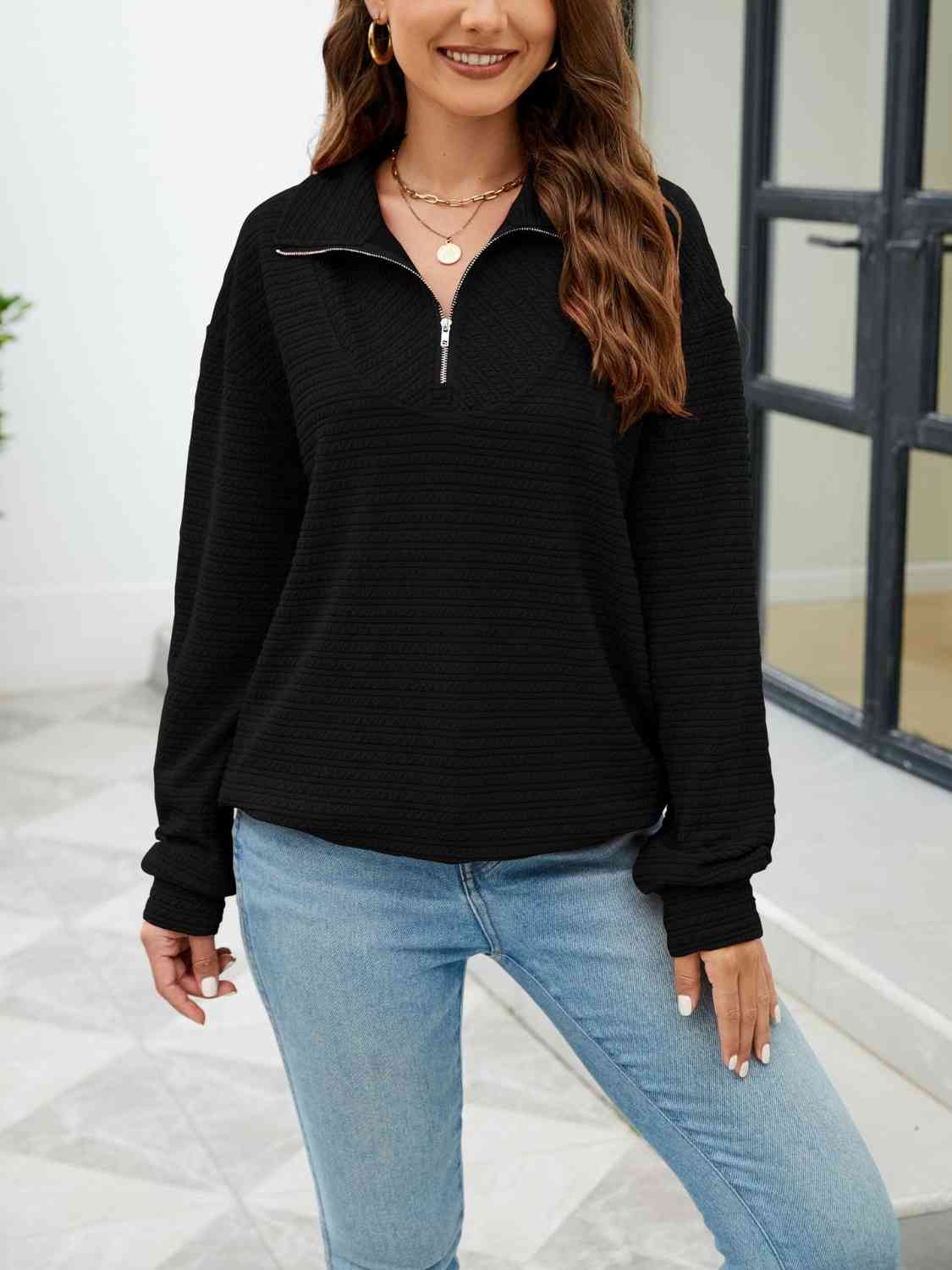 Quarter-Zip Collared Drop Shoulder Sweatshirt BLUE ZONE PLANET