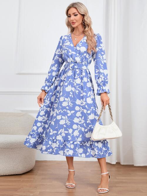 Floral Surplice Flounce Sleeve Ruffle Hem Dress BLUE ZONE PLANET