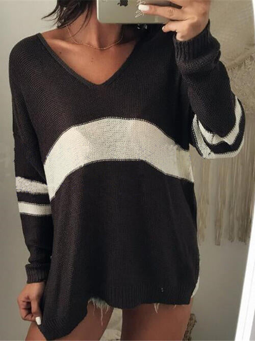 Striped V-Neck Long Sleeve Sweater BLUE ZONE PLANET