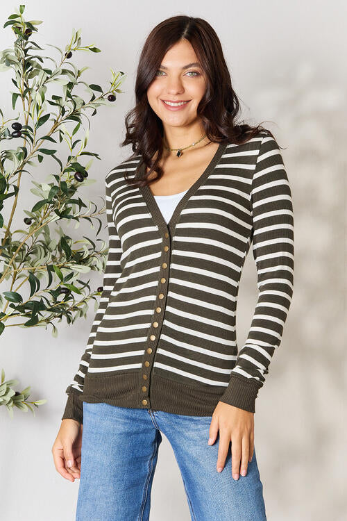 Zenana Full Size Striped Snap Down Cardigan BLUE ZONE PLANET