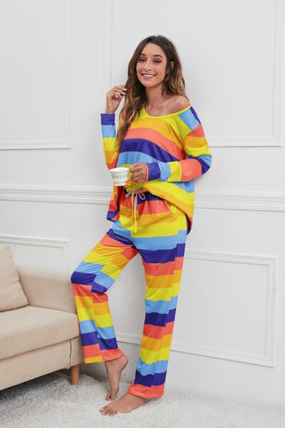 Blue Zone Planet |  Striped Round Neck Long Sleeve Top and Drawstring Pants Lounge Set BLUE ZONE PLANET