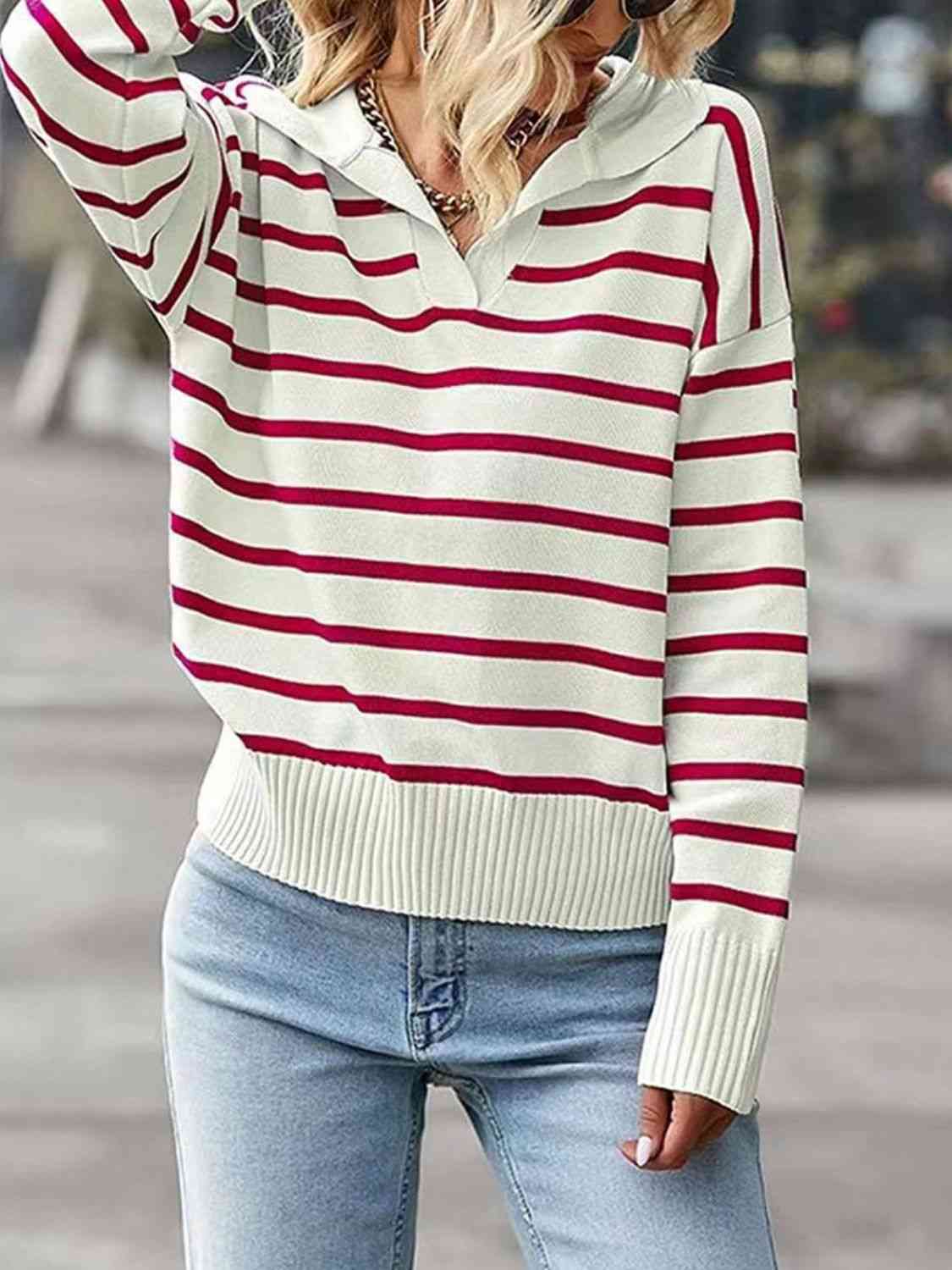 Striped Collared Neck Knit Top BLUE ZONE PLANET