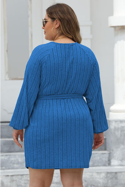 Plus Size Ribbed Tie Front Long Sleeve Sweater Dress BLUE ZONE PLANET