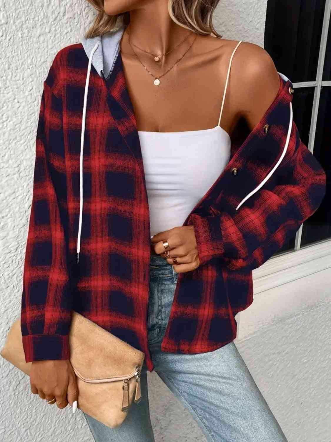 Plaid Drawstring Button Up Hooded Jacket BLUE ZONE PLANET