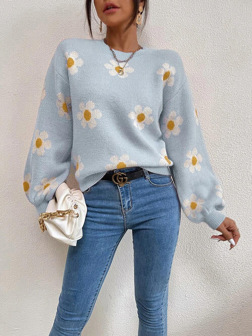 Flower Round Neck Latern Sleeve Sweater BLUE ZONE PLANET